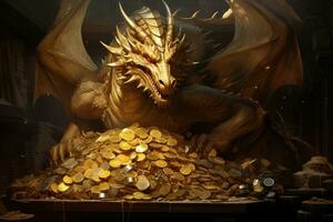 AI generated Golden dragon and gold coins in the dark. The concept of wealth, An imposing dragon guarding its hoard of golden treasures, AI Generated photo