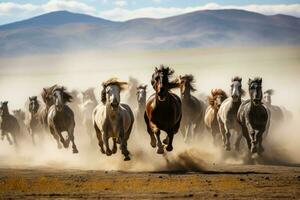 ai generado salvaje caballo sementales corriendo en el Utah desierto, unido estados de America, un intenso caballo carrera en el vasto mongol estepa, ai generado foto