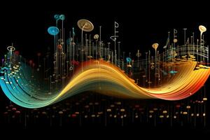 AI generated Abstract musical background with notes and waves. Vector illustration for your design, An imaginative visual representation of sound waves from different musical instruments, AI Generated photo
