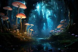 AI generated Fantasy landscape with magic mushrooms in the forest. 3d rendering, An ethereal forest with bioluminescent mushrooms and insects, AI Generated photo