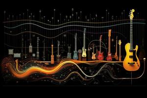 ai generado musical antecedentes con eléctrico guitarras y música notas vector ilustración, un imaginativo visual representación de sonido olas desde diferente musical instrumentos, ai generado foto