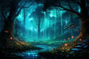 ai generado fantasía paisaje con magia hongos. 3d ilustración. hada bosque, un etéreo bosque con bioluminiscente hongos y insectos, ai generado foto
