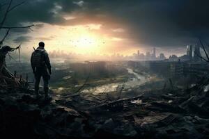 AI generated Silhouette of a man standing in front of a destroyed city, AI Generated photo