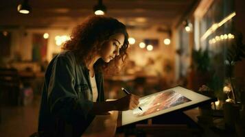 AI generated Graphic designer at work with tablet. Girl artist drawing. Beautiful freelance woman. AI Generated photo
