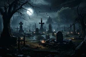 AI generated Halloween background with graveyard and full moon, 3d rendering, AI Generated photo