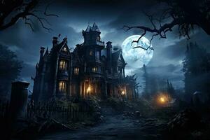 AI generated Halloween night scene with haunted house and full moon. Halloween background, AI Generated photo