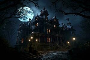 AI generated Halloween background with haunted house and full moon. 3d rendering, AI Generated photo