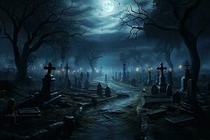 AI generated Halloween spooky graveyard at night with full moon, 3d rendering, AI Generated photo