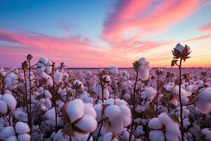 ai generado algodón campo a puesta de sol. hermosa natural paisaje con algodón flores, ai generado foto