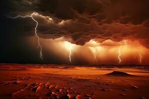 AI generated Fiery thunderstorm in the desert. 3d render illustration, AI Generated photo