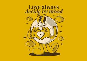 Love always decide by mood. Ball character with happy face, hands forming heart sign vector