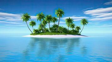 AI generated Tropical island in middle of ocean. Palm trees and trees on sandy beach in sea. Summer Paradise Bay, photo