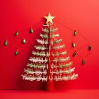 AI generated Red Christmas tree made up with paper clip and wire bokeh blurred background copy space photo