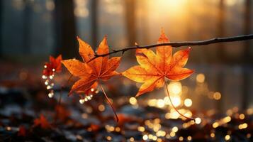 AI generated A vibrant autumn leaf glistens with raindrops, basking in the soft golden sunlight by a tranquil stream. photo