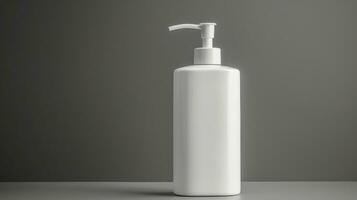 ai generado blanco blanco dispensador botella en gris, Perfecto para marca con sus pulcro, minimalista diseño. foto