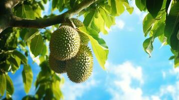 AI generated Spiky durian fruit dangles from a lush tree, bathed in sunlight, against a backdrop of clear blue sky. photo