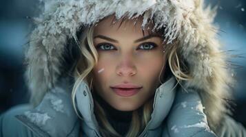 ai generado cautivador mujer en un besado por la nieve encapuchado chaqueta, su mirada como intrigante como un de invierno cuento. foto