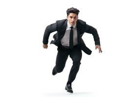 AI generated Dynamic businessman in a sharp black suit sprinting, an embodiment of urgency and corporate haste. photo