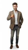 AI generated Confident man giving a thumbs-up, dressed in a smart casual brown blazer and jeans, with a friendly, approachable smile. photo