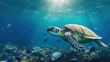 AI generated Sea turtle gliding over ocean bed littered with plastic, a stark reminder of marine pollution's impact on wildlife. photo