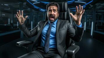 AI generated Terrified businessman in a high-tech office, a concept for cybersecurity or market shock. photo