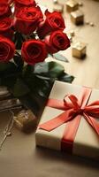AI generated Classic gift box with a red ribbon alongside a bouquet of red roses, symbolizing timeless romance and heartfelt celebration. photo