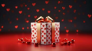 AI generated Charming gift box with heart patterns and a shiny gold ribbon, amidst a flurry of hearts on a deep red backdrop, perfect for romantic occasions. photo