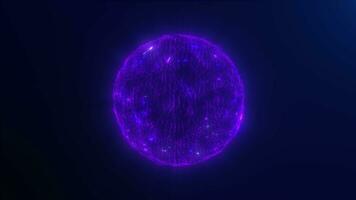 hell glühend rotierend Partikel lila Rosa Kugel auf dunkel Hintergrund. abstrakt Technologie, Wissenschaft, Ingenieurwesen und künstlich Intelligenz Animation. Plasma Welle Energie Kugel. 4k 60 fps Video Schleife