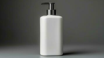 ai generado blanco blanco dispensador botella en gris, Perfecto para marca con sus pulcro, minimalista diseño. foto