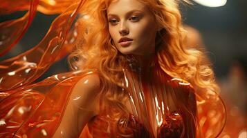 AI generated Surreal portrait of a woman with flowing amber hair and translucent orange attire, embodying autumn's essence. photo