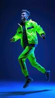 AI generated A young man wearing a neon jacket on a blue background, running pose, happy-looking smiling, whole body. photo