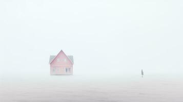 AI generated A solitary figure approaches a lone house enveloped in fog, evoking a sense of isolation and contemplation. photo