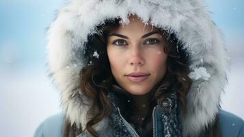 ai generado cautivador mujer en un besado por la nieve encapuchado chaqueta, su mirada como intrigante como un de invierno cuento. foto