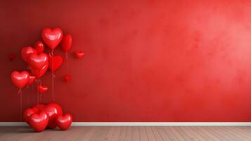 AI generated A vibrant scene of red heart balloons against a crimson wall, a vivid and romantic visual perfect for Valentine's Day themes and love celebrations. photo