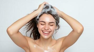AI generated Joyful woman lathering shampoo in hair, captured mid-laugh, embodying carefree moments of self-care. photo