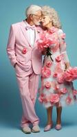 AI generated An elderly couple dressed in coordinated pastel attire, adorned with roses, exude charm and timeless elegance against a turquoise backdrop. photo