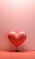 AI generated A solitary, glossy red heart sculpture stands against a minimalist pink background, a striking image for themes of love and passion. photo