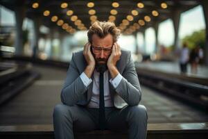 AI generated Distraught businessman seated outdoors, clutching his head in despair, with a fountain backdrop emphasizing his stress in a corporate setting. photo