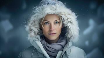 ai generado cautivador mujer en un besado por la nieve encapuchado chaqueta, su mirada como intrigante como un de invierno cuento. foto