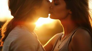 AI generated Two women share a serene kiss in the soft light of the setting sun, encapsulating a moment of love and connection. photo