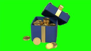 3d ouvert cadeau boîte avec d'or pièces de monnaie et ruban animation. argent prix récompense. gagner point et avoir récompenses. sans couture et en boucle animation video