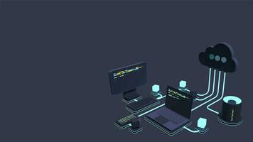 Cloud technology computing animation. Modern cloud technology. Data center isometric concept. Web hosting concept video