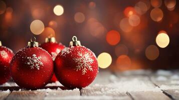 AI generated Selective focus of red and white christmas bulbs in the snow with bokeh lights on the background photo