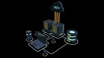 Cloud technology computing animation. Modern cloud technology. Data center isometric concept. Web hosting concept. Transparent background with alpha channel video