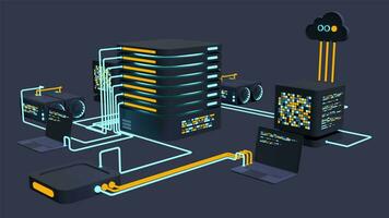 Computer technology 3D animation. Computation of big data center. Cloud computing. Online devices upload and download information video