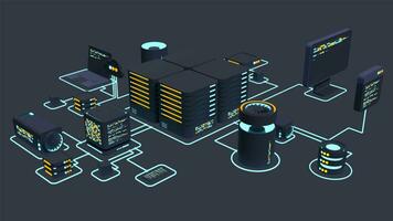 dator teknologi 3d animation. beräkning av stor data Centrum. moln datoranvändning. uppkopplad enheter ladda upp och ladda ner information video