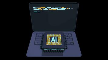 3D render laptop computer with microchip animation. AI chip hardware concept. Futuristic microchip on laptop. Laptop artificial intelligence. Transparent background with alpha channel video