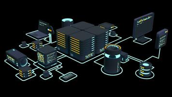 dator teknologi 3d animation. beräkning av stor data Centrum. moln datoranvändning. uppkopplad enheter ladda upp och ladda ner information. transparent bakgrund med alfa kanal video