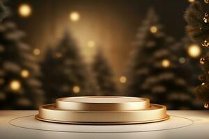 AI generated merry Christmas 3d rendered red Podium display for event photo