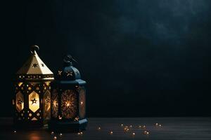 AI generated Ornamental Arabic lantern glowing on table for Muslim holy month Ramadan Kareem photo